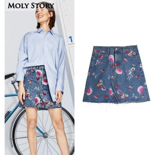 Fashion Cute Floral Embroidery A Line Skirts Women High Waist Denim Skirt Jupe Femme
