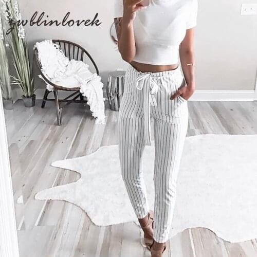 Fashion Casual Drawstring Waist Striped High Waist Tapered Pants Spring Women Straight Ankle-length Trousers 2C0091