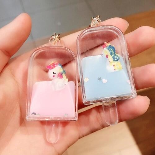 Fashion Unicorn Ice Cream Keyring Floating Liquid Into Oil Keychain Couple Women Backpack Pendant Key Chain Ornament Gifts