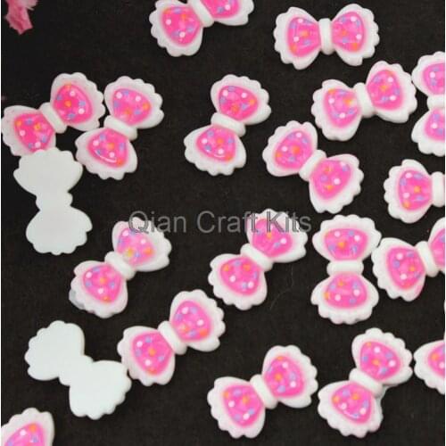Set of 100pcs pink polka dot bow kawaii resin decoden cabochons (22x14x4mm) Cell phone decor, hair bow center craft kit sz1004