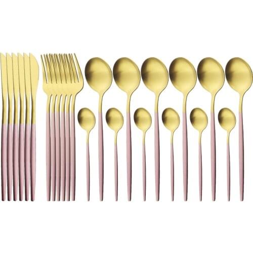 24/48Pcs Pink Gold Matte Dinnerware Cutlery Set Dinner Knife Fork Coffee Spoon Flatware Stainless Steel Silverware Tableware Set