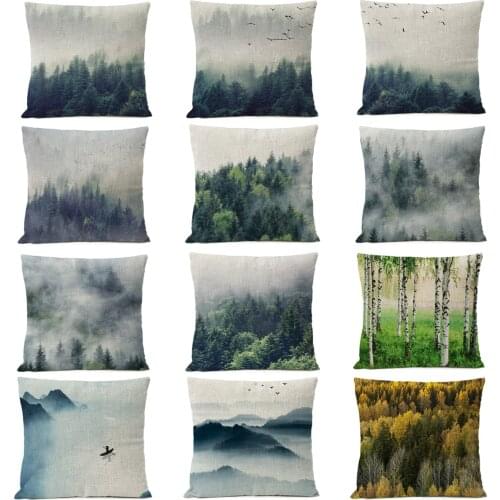 Nordic Green Forest Lanscape Pillow Cover Home Decorative Pillows Bird Ink Tree Linen Pillow Case Cushion Cover Cojines Almofada