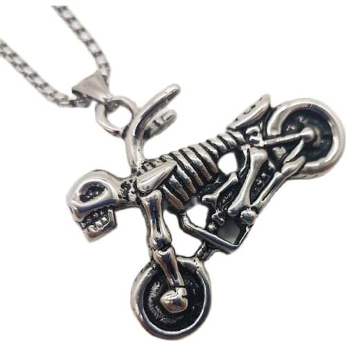 New arrival 316L Stainless steel skeleton motorcycle pendant necklace mens fashion hip hop punk biker necklace CARA0477