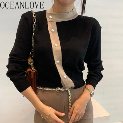 OCEANLOVE Cardigans Korean Chic Vintage Autumn Winter Women Sweaters Irregular Elegant 2021 Stand Collar Sueters De Mujer