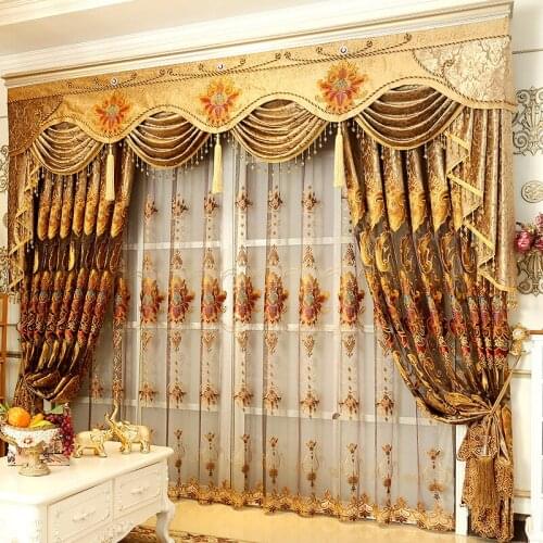 Luxury Upscale European Embroidery Curtains for Living Dining Room Bedroom Shade Valance Custom Wave Golden Customization