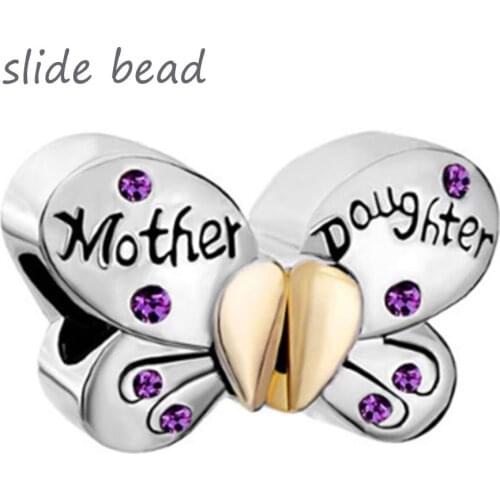 Slide beads NEW Mother Daughter Charm Separable Butterfly Charm purple Crystal Heart Love