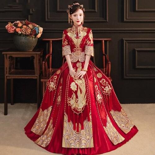 Chinese Style Bride Wedding Dress Red Phoenix Embroidery Cheongsam Vintage Costume Large Size S-6XL