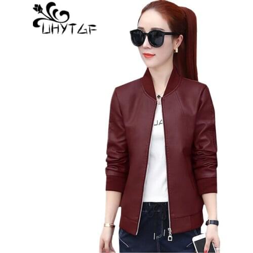 UHYTGF New Oversized Leather Jacket Woman Short Outerwear Long Sleeve Autumn Leather Jacket Female Loose 4XL Plus Size Coat 930