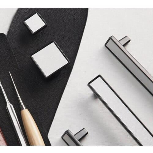 High-end Black Genuine Leather Znic Alloy Bedroom Cabinet Handles Drawer Pull elegant Furniture Handle Hardware for Kitchen