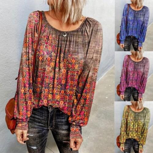 New Women Tops 2021 Autumn Winter Shirt Fashion Floral Long Sleeved Round Neck Shirts Female Casual Blouse Loose Street Blouses