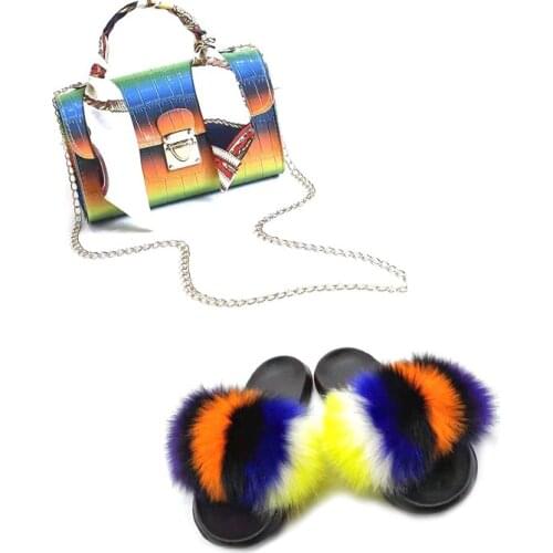 Ladies Fur Slippers Handbags Set Furry Sandals Shoulderbag Fluffy Shoes Women Fur Slides And Matching Purse Bag Plush Flip Flops