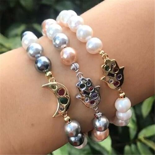 Mix cz crystal gold Fatimas Hand Hamsa protection charm round pink grey white pearl beaded adjustable bracelets for woman 2020