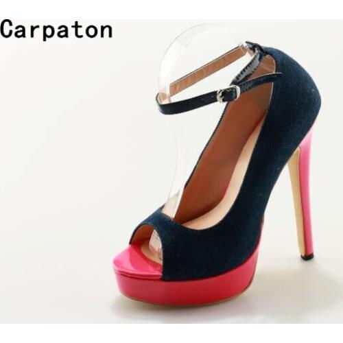 Carpaton fashion dark blue heels and pink color high heel peep toe sexy pumps buckle strap women platform shoes cusual stiletto