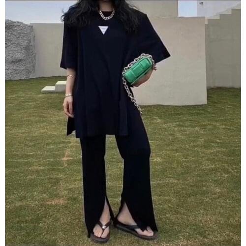 Womens set 2021 new solid color slit T-shirt elastic waist wide-leg trousers casual 2-piece suit