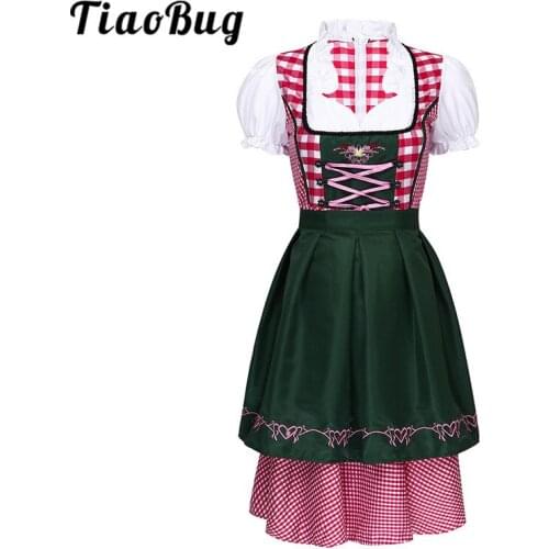 TiaoBug Women Puff Sleeves Plaid Dirndl Dress with Apron Halloween Costumes for Oktoberfest Carnival Beer Festival Rave Roleplay