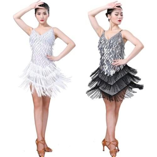 Women Ladies Dance Dress Fashion Personality Drop V-neck Sling Sequined Skirt Fringed Skirt Latin Dance Performance Clothing