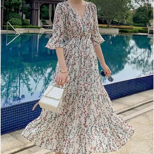 Maxi Boho Tropical Beach Vacation Dresses Women Long White Chiffon Floral Dress Summer 2021 Runway Elegant Korean Party Dresses