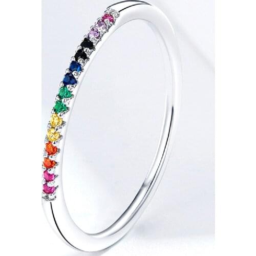 New S925 Sterling Silver Ring Female Fashion Platinum Plated Simple European And American Colorful Zircon Silver Ring