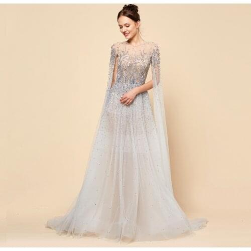 MSHBLUE Sweet Illusion Silver Crystal Evening Dresses Long See Through Tulle Formal Evening Gown Robe De Soiree