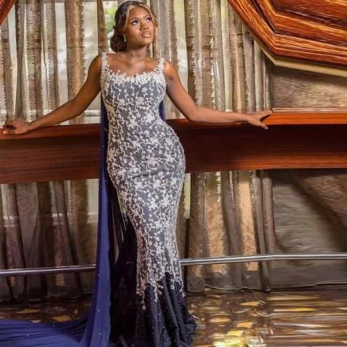 Modest Mermaid Evening Gown with Cape Pearls Lace Vestidos De Fiesta Button Covered Back Special Occasion Dresses