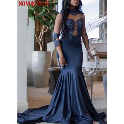2019 Navy Blue Mermaid High-Neck Long Sleeve Formal Dress See Through Tulle Appliqued Sexy Evening Dress Satin Bridal Night Gown