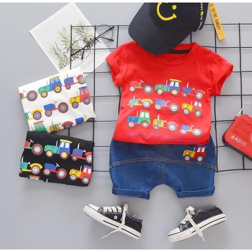 Baby Boy Car Clothes Summer Kids Suit Set Short Sleeve Top + Soft Denim Shorts 2PCS Infant Children Clothing Outfit