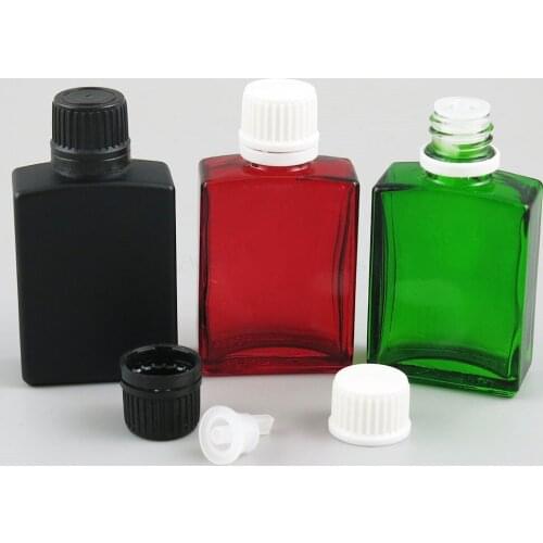 200 x 30ml 1oz Square Flat Black white clear red blue green Glass Bottle With White Black Tamper Evident Lids