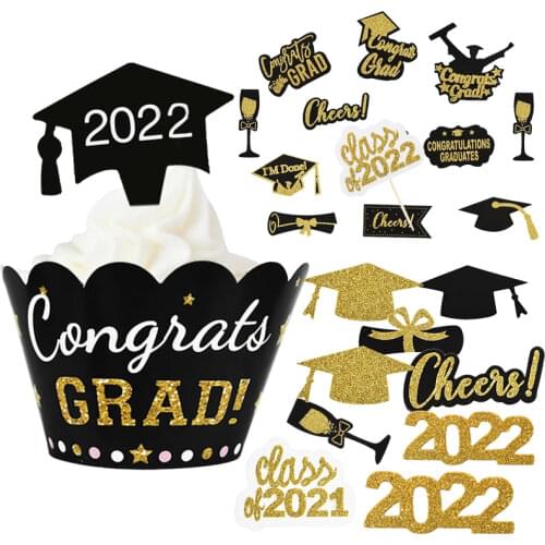 2021 Graduation Party Cake Decoration Congratulation Graduation Cupacke Liners Congrats Grad Bachelor Cap Cake Topper Flag Decor