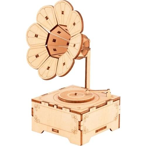 DIY 3D Wooden Puzzle Retro Phonograph Clockwork Music Box пазл Assembling Model Building Kits Creative Toys for Kids Xmas Gifts