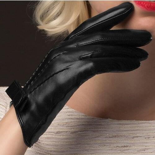 Black Genuine Leather Gloves Women Fashion Short Real Sheepskin Winter Thermal Thicken Bow knot Driving Glove NW113-5