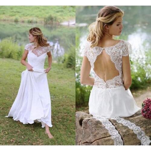 Cheap Country Style Wedding Dresses 2021 robe de mariee Lace Chiffon A Line Wedding Dress Custom Made Open Back Bridal Dress