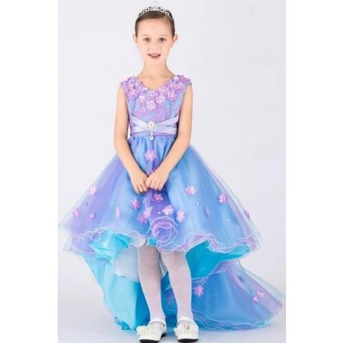 2017 Baby girls elegant train lace dresses children satin blue flowers kids long tail evening gown party wedding christmas