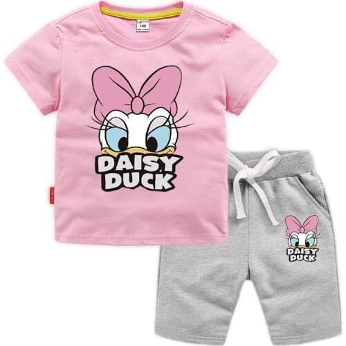 Disney Daisy Duck Baby Boy Girl Clothes Print Summer Short Sleeve T shirt+ Pants Toddler Set Casual Cotton Children Clothing