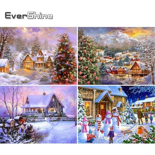 EverShine Diamond Painting Christmas Full Square Diamond Embroidery Winter House Picture Rhinestones Snow Mosaic Decor For Home