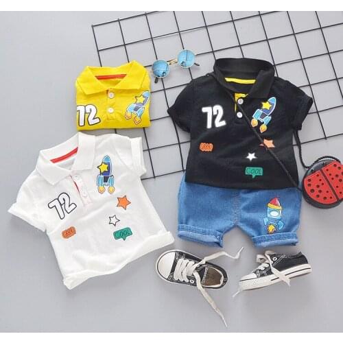 18 Month Boy Clothes Summer Rocket Turn Down Collar Short Sleeved T-shirts + Denim Shorts 2PCS Outfits Kids Bebes Jogging Suits