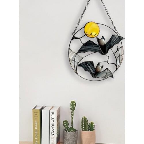 Gothic Suncatcher Bat Moon Halloween Horror Picture Home House Decor Panel Ornament Window Wall Hanging C1