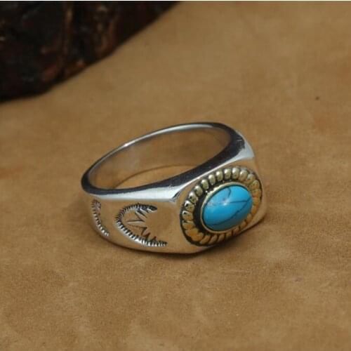 100% Real Pure 925 Sterling Silver Ring Men Blue Natural Stone Vintage Indian Style Cool Thick Band Mens Jewelry Free Box , 15g