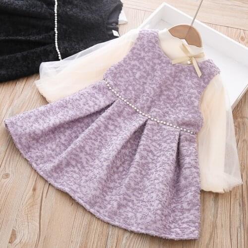 Baby Girls Winter Clothes Set Autumn Long-sleeve Bow Bottoming Shirt+Woolen Vest Dress Elegant Two-piece Kids Princess Clothing