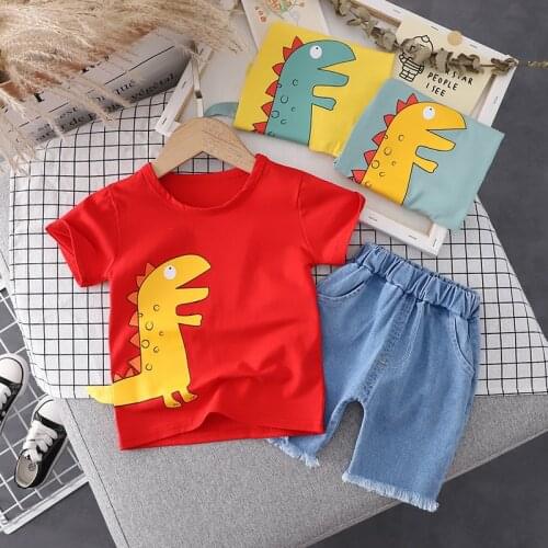 Fashion Childrens Clothes Set Summer Short Sleeve Cotton Printed Top + Denim Shorts 2 Pcs Infants Kids Casual Wear