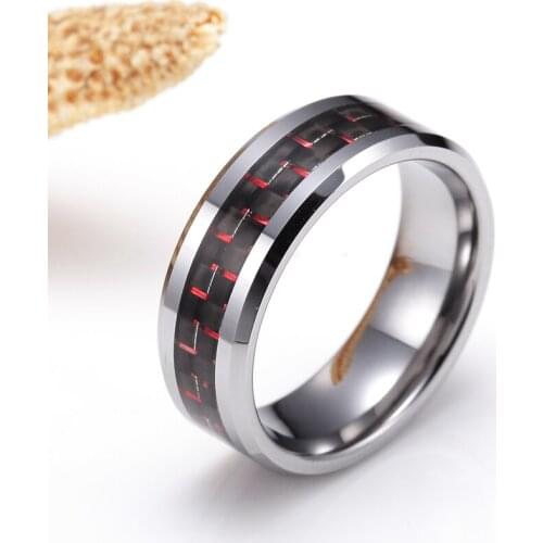 TIGRADE 8mm Black Men Tungsten Ring Comfort Fit Red Woven Pattern Inlay Wedding Engagement Band Tail Ring Size 6-13 Wholesale