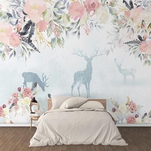 Custom 3D Mural Wallpaper Hand Painted Nordic Floral Elk Flower Sea Wall Painting Children Room Bedroom TV Background Wall Decor