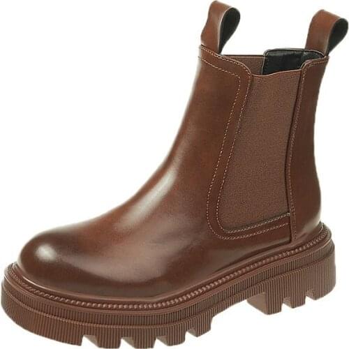 Luxury Genuine Leather Chelsea Boots Women Shoes Autumn Slip-On Ankle Boots for Women Chunky Platform Short Boot Mujer Botas New