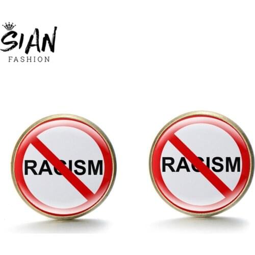 SIAN Equal Rights Stop Racism Saying Stud Earrings Art Photo Pattern Glass Dome for Women Men Fashion Earrings Jewelry Gifts
