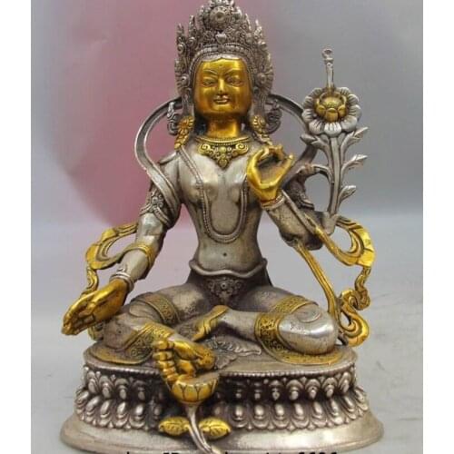Tibet Buddhism White Copper Silver Fane Green Tara Kwan-yin Guanyin Bodhisattva