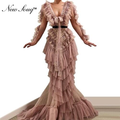 Mermaid Evening Party Dresses 2019 V-Neck Evening Gowns Islamic Dubai Kaftan Saudi Arabic Long Prom Dresses Robe De Soiree