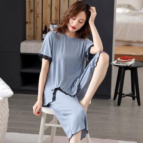 High Quality Modal Sleepwear Set Short Sleeve Summer Pajamas For Women Lace Elegant Nightwear Pyjamas Female Loose Pijama Suit