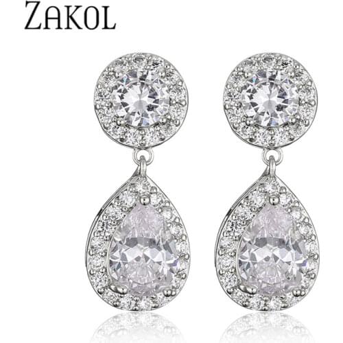 ZAKOL Luxury Water Drop Round Cubic Zirconia Dangle Earrings Elegant Engagement Wedding Jewelry for Women EP2949