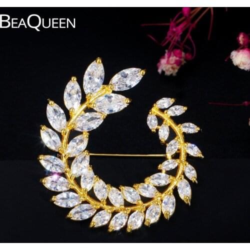 BeaQueen Brilliant CZ Crystal Olive Branch Brooches for Women Cubic Zirconia Leaves Wreath Pin Dress Jewelry Accessories BH008