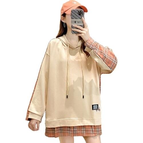 Women Casual Fake Two Piece Long Sleeve Hoodies Sweatshirts Fashion British Style Fake Plaid Shirt Loose Pullover Autumn Clothes