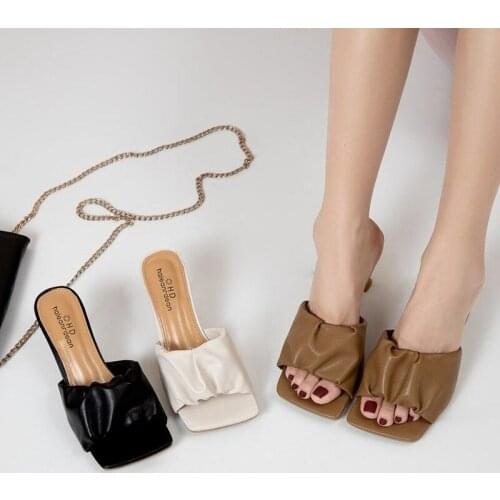 New Women Slippers Pleated Summer Light Sexy Open Toe Solid Color Sandals Stiletto Heels Women Luxury Prom Woman Black Shoes